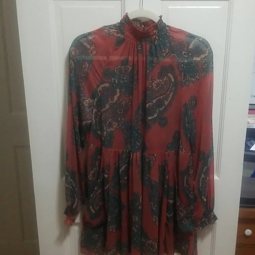 Free People Moonstruck XS Dress Paisley Baby Doll Dress Long Sleeve & Pockets